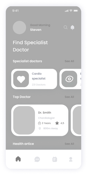  Wireframe of the E-doctor app's doctor discovery screen