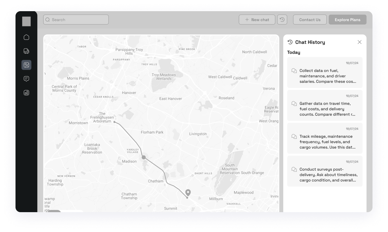 ChatBot dashboard wireframe with a route map and chat history