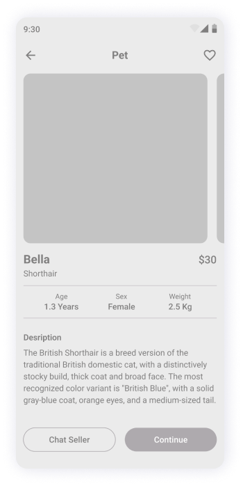   MyPet app pet detail screen wireframe 