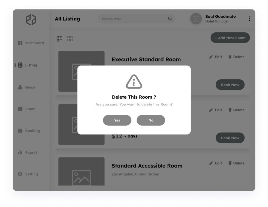 Wireframe of a delete confirmation popup in Elite Station CRM