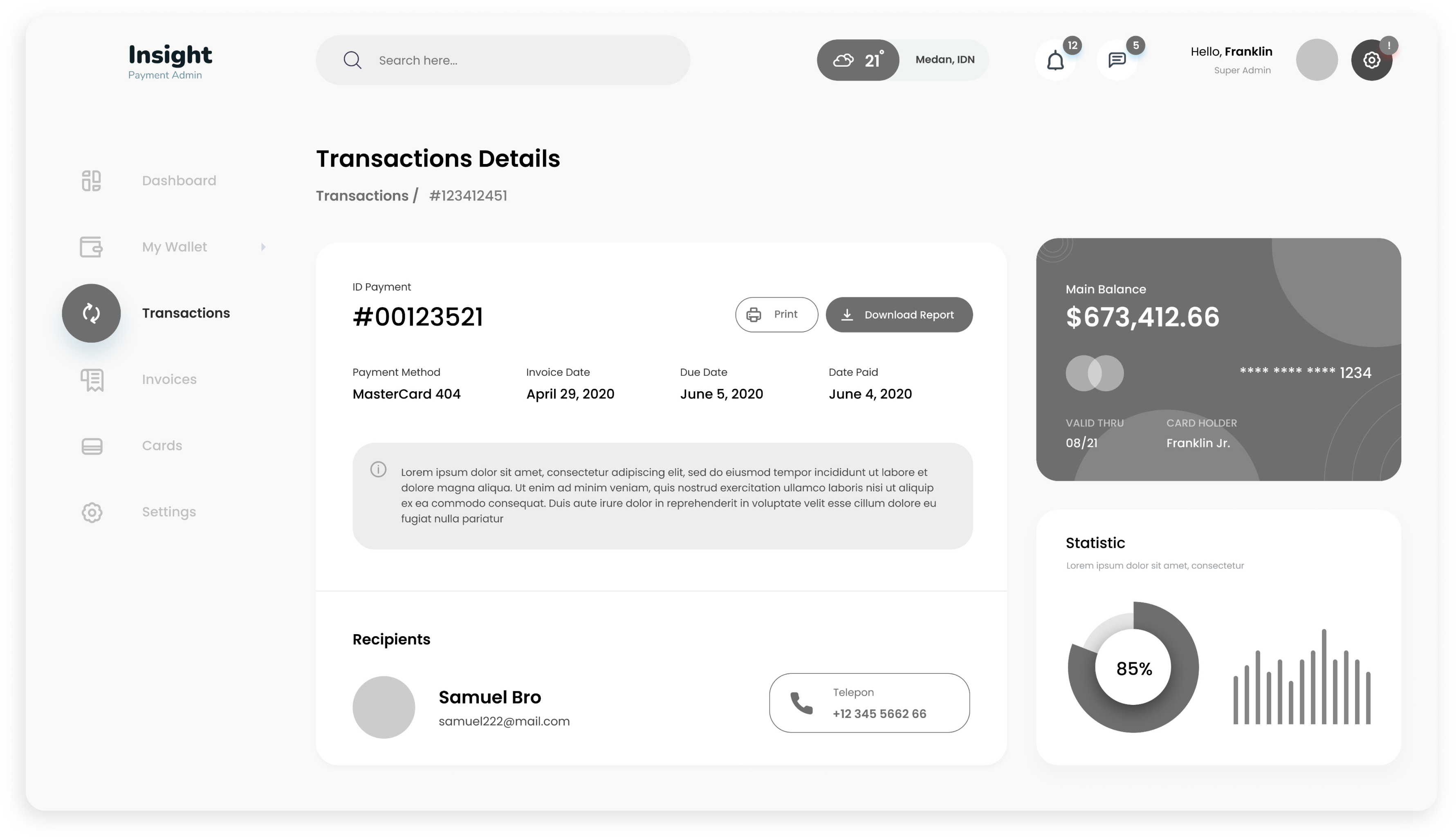   Insight CRM payment history dashboard wireframe