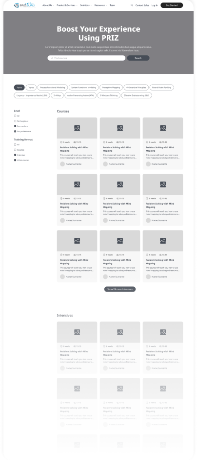 Wireframe of the PrizGuru course catalogue page