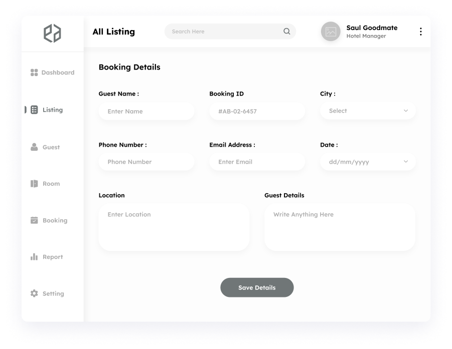 Booking details screen wireframe in Elite Station CRM