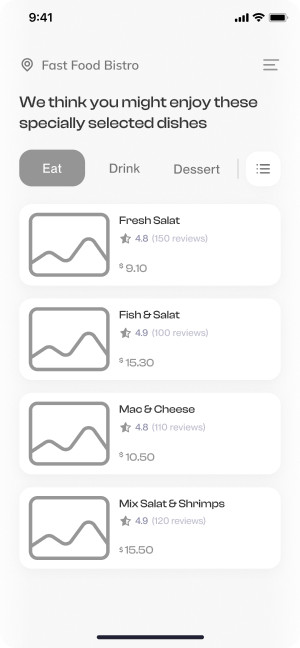 Wireframe of Have Meal’s recommended dishes screen