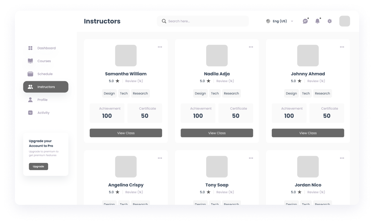 Wireframe of the MySkills instructors page