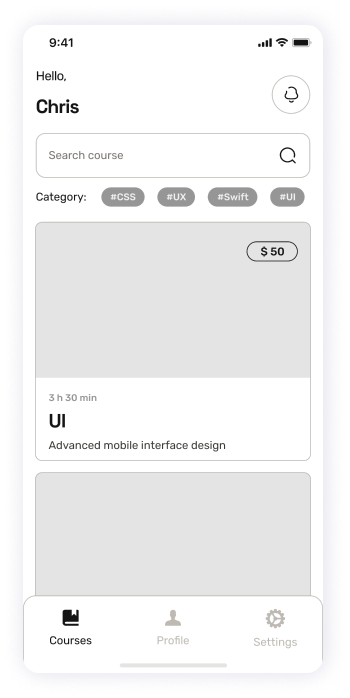 Wireframe of the EasyCoursy app's course list screen