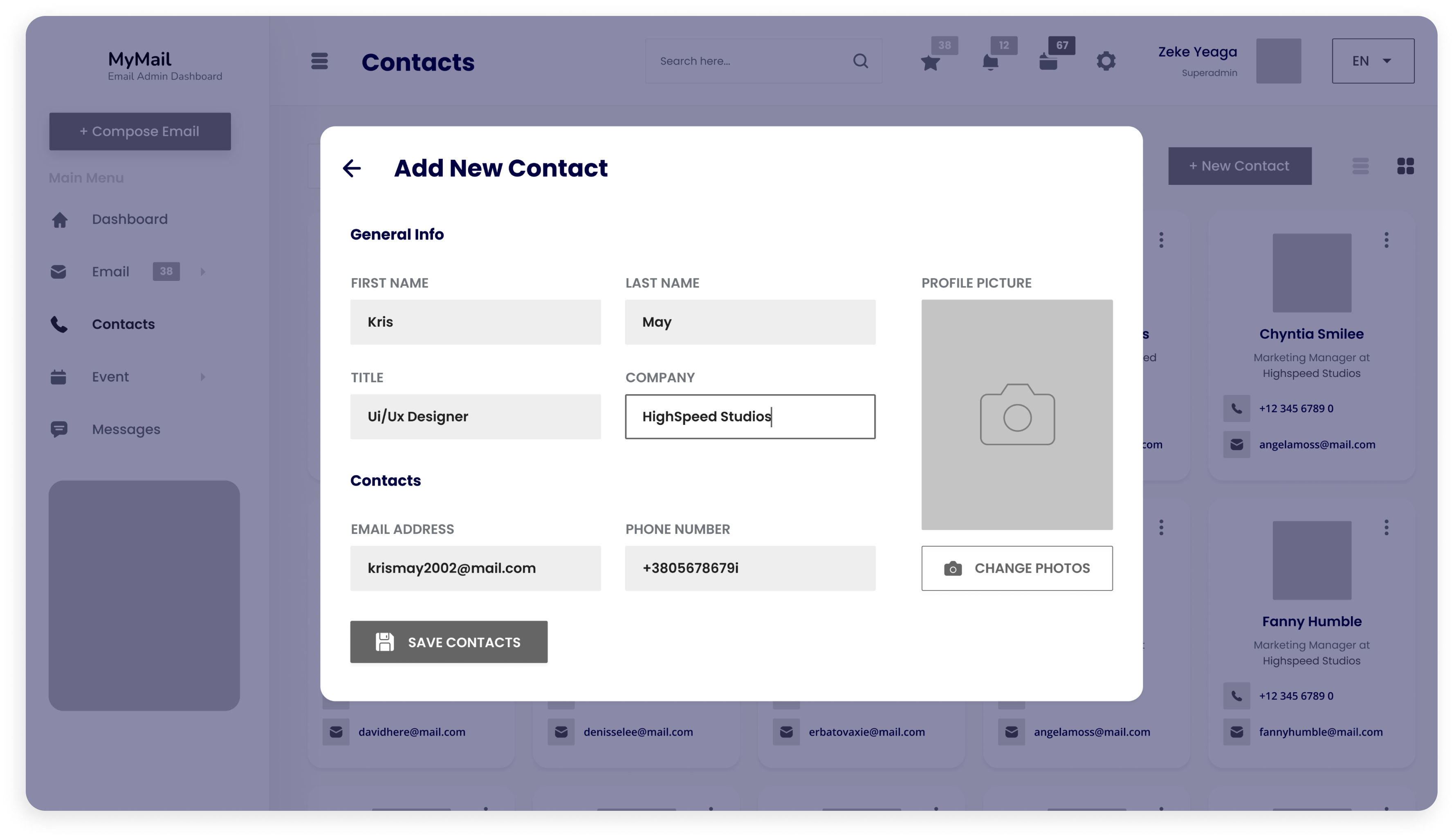 Wireframe of MyMail add new contact screen