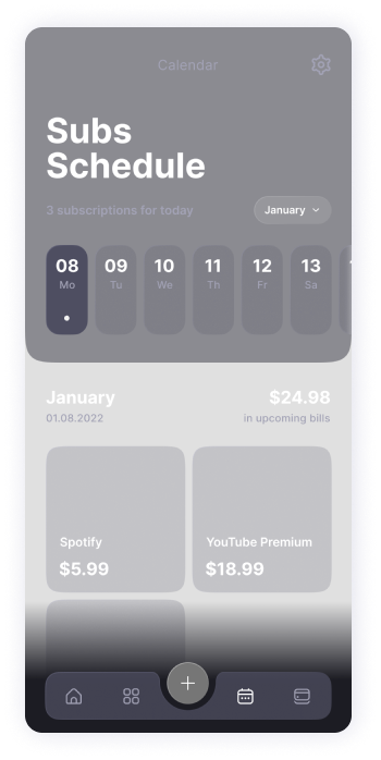  Subscription schedule screen wireframe of TrackEasy app