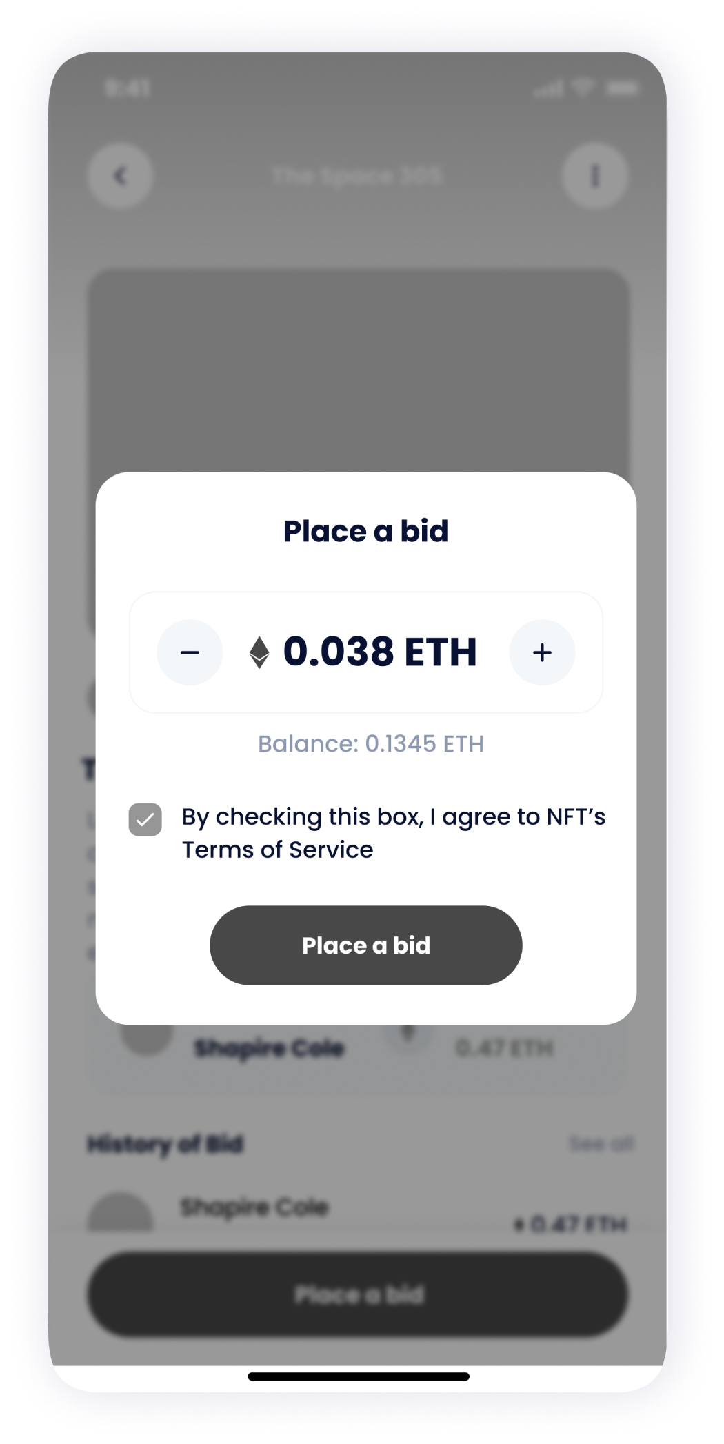  NFT Store bid screen wireframe