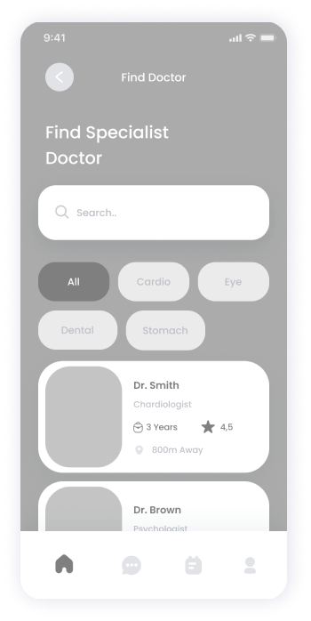  Wireframe of the E-doctor app's doctor search screen 