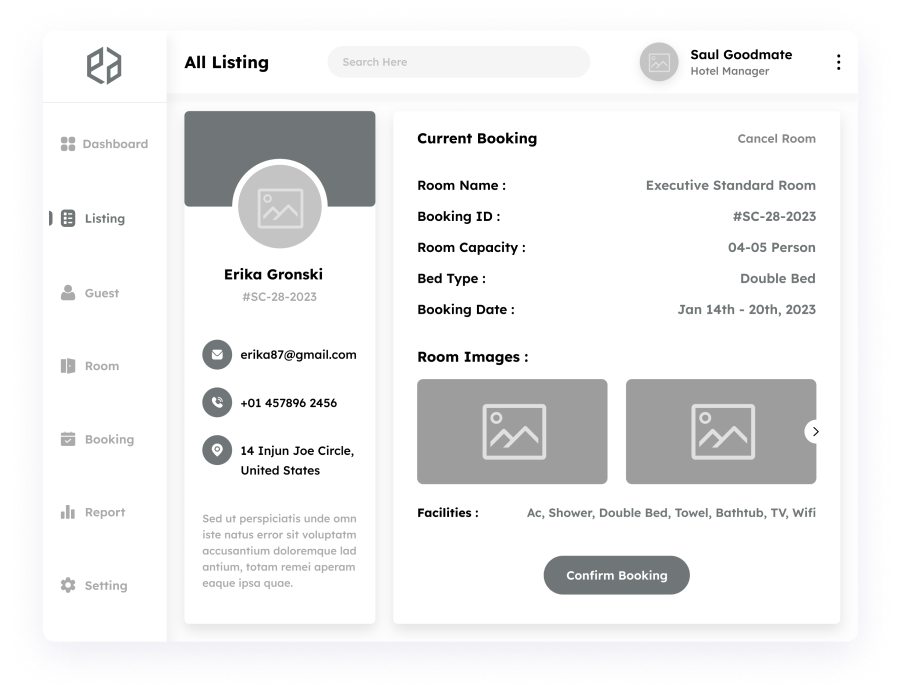 Wireframe of the booking overview page in Elite Station CRM