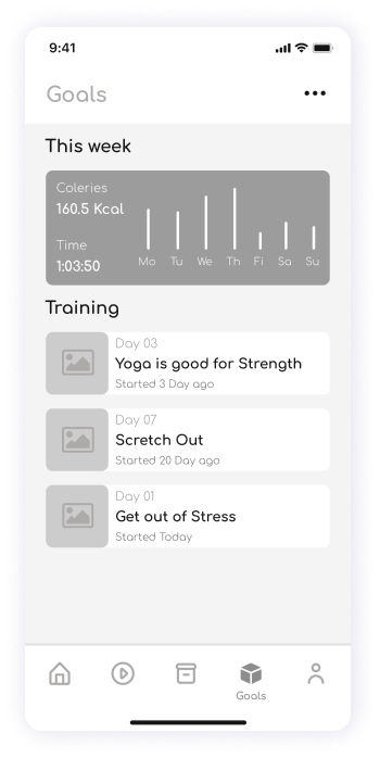 Wireframe of ShareFit app goals screen