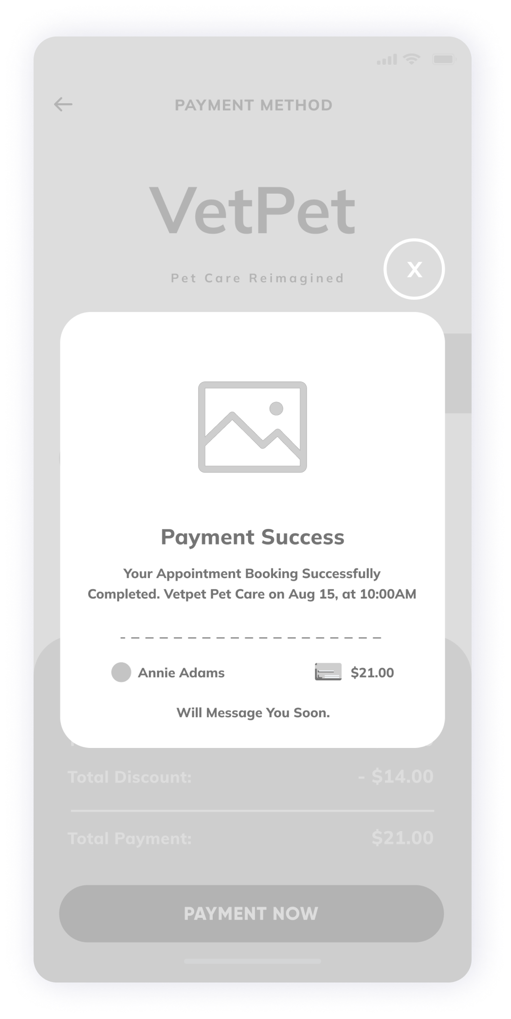 VetPet app payment success screen wireframe 