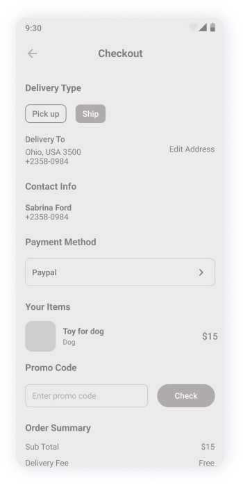  MyPet app checkout screen wireframe