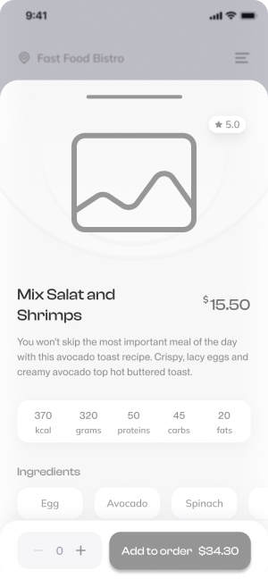 Wireframe of Have Meal’s detailed view for dish selection and ordering