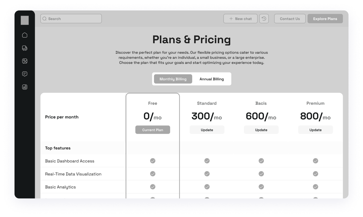 Wireframe of ChatBot's plans and pricing page