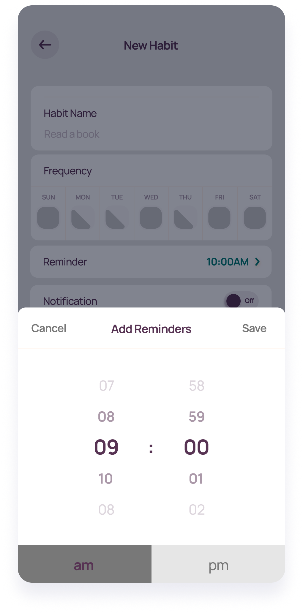  Wireframe of a LifeBalance screen for adding reminders for a habit
