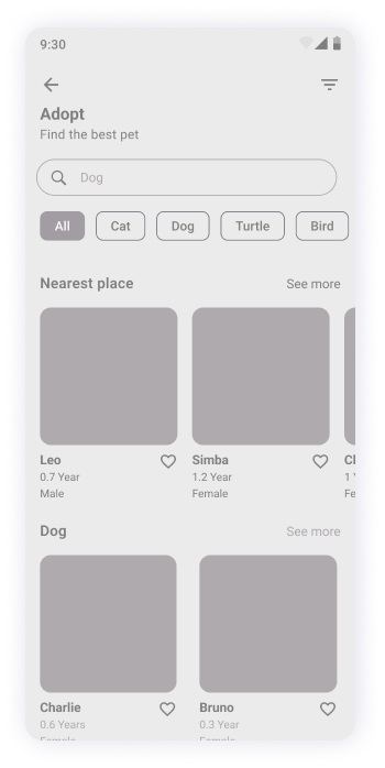  MyPet app adoption screen wireframe 