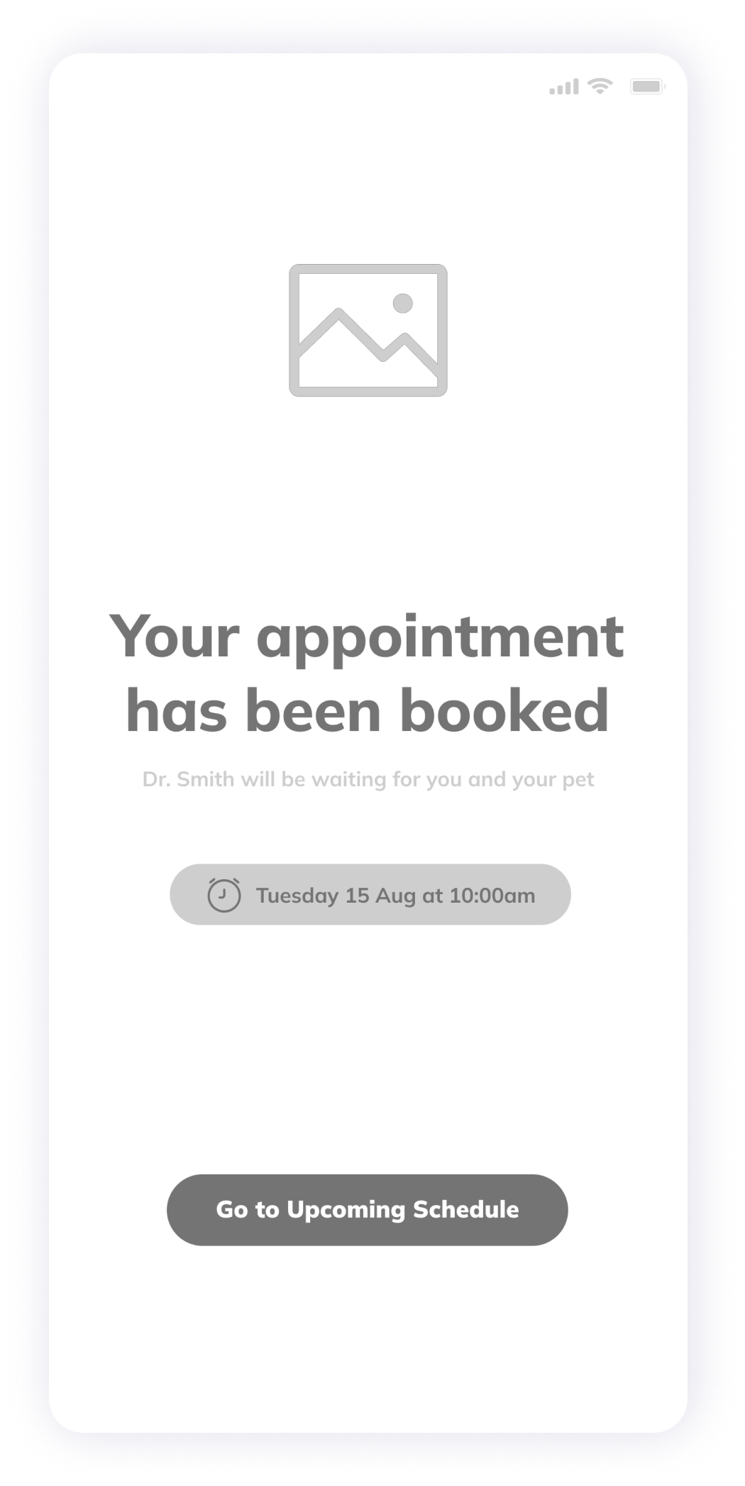  VetPet app appointment booking confirmation screen wireframe