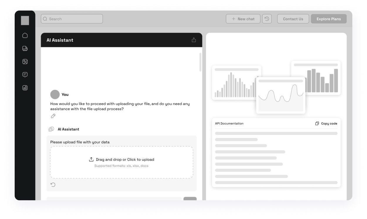 Wireframe of ChatBot's AI Assistant with file upload