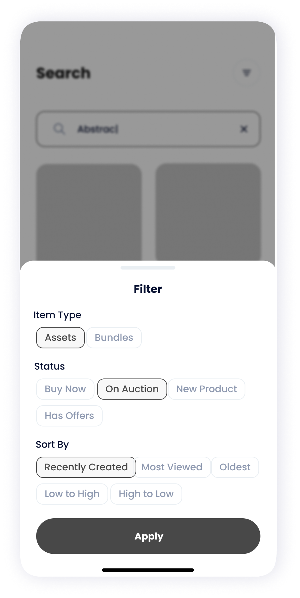  NFT Store search filters screen wireframe 