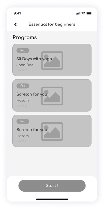 Wireframe of ShareFit app training programs screen