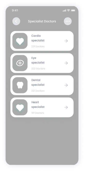   Wireframe of the E-doctor app's doctor list screen filtered by specialty