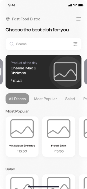 Wireframe of the dish selection screen with categories and product of the day