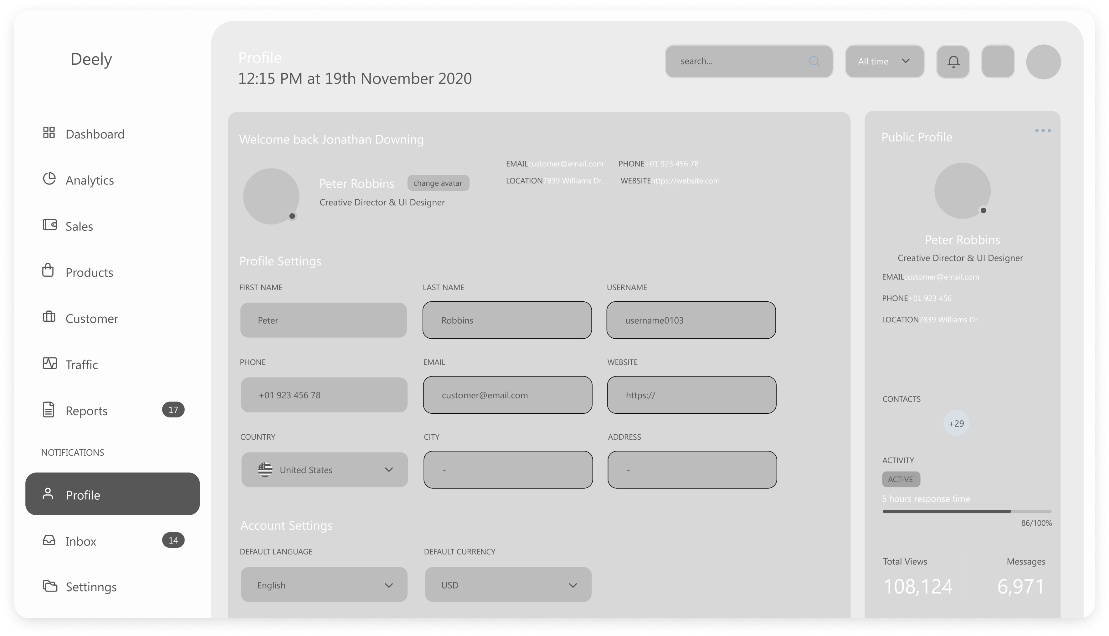 Wireframe of Deely profile dashboard screen