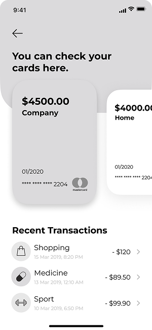 Wireframe of MoneyPay cards overview screen