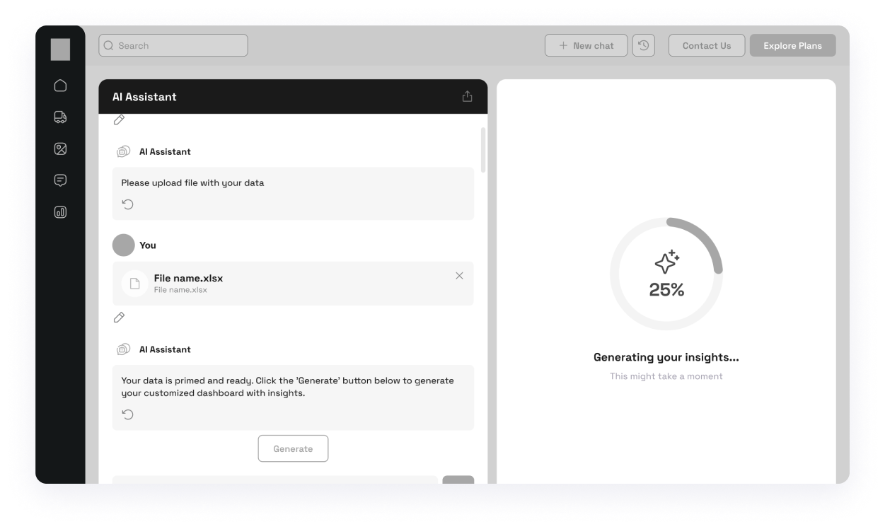 ChatBot wireframe with AI Assistant data generation progress