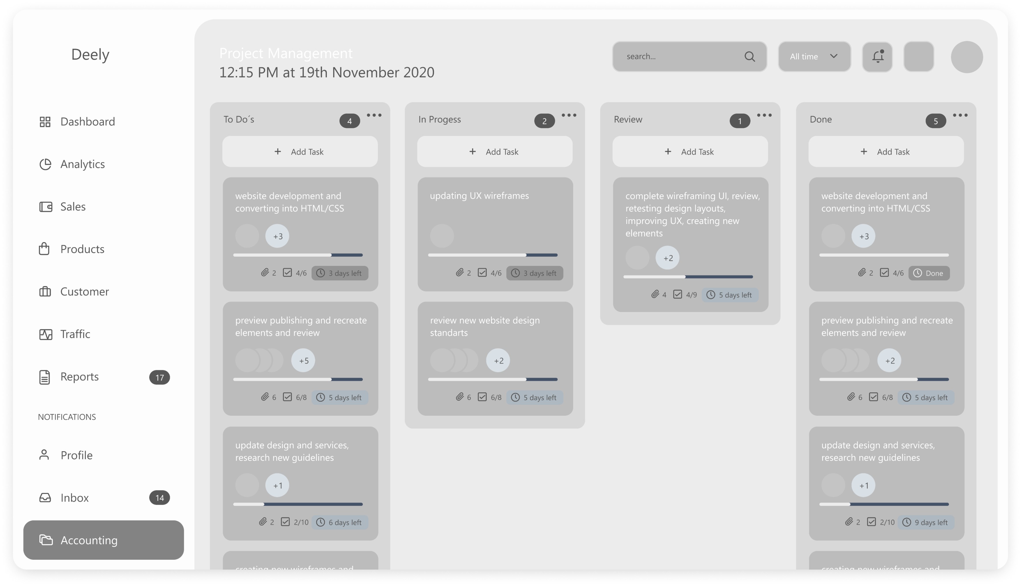 Wireframe of Deely project management dashboard screen