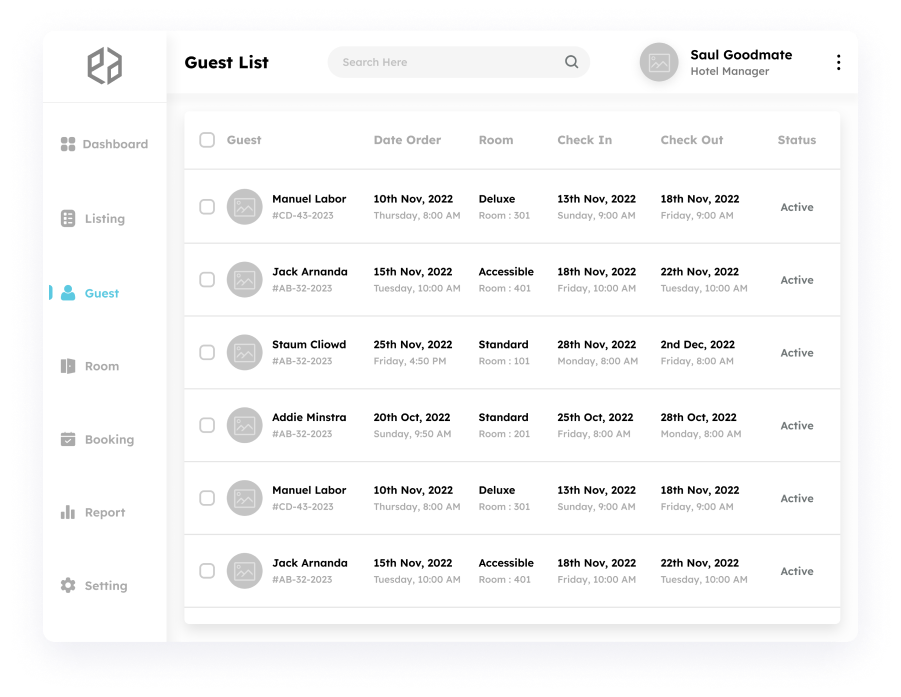 Wireframe of the guest list page in Elite Station CRM