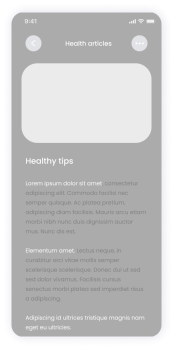   Wireframe of the E-doctor app's health articles screen 