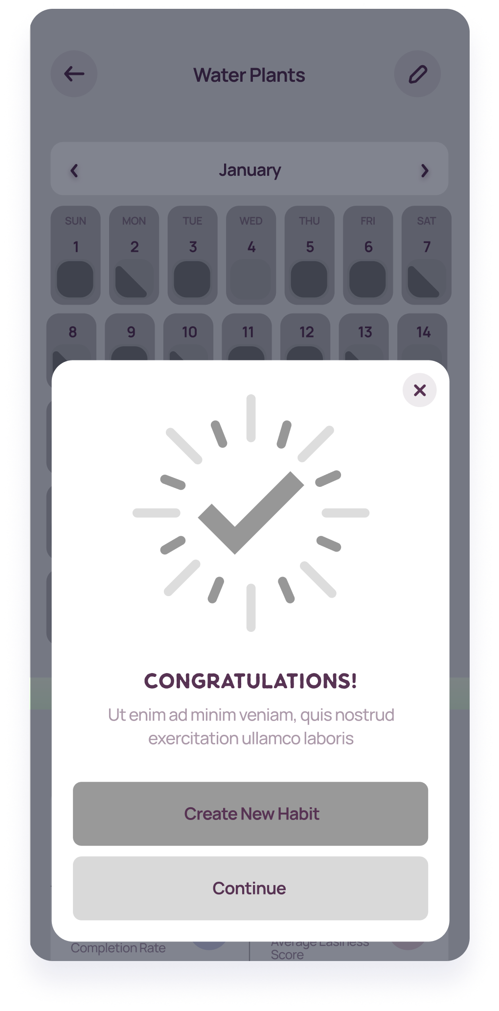  Wireframe of a LifeBalance screen displaying a congratulatory message for completing a habit