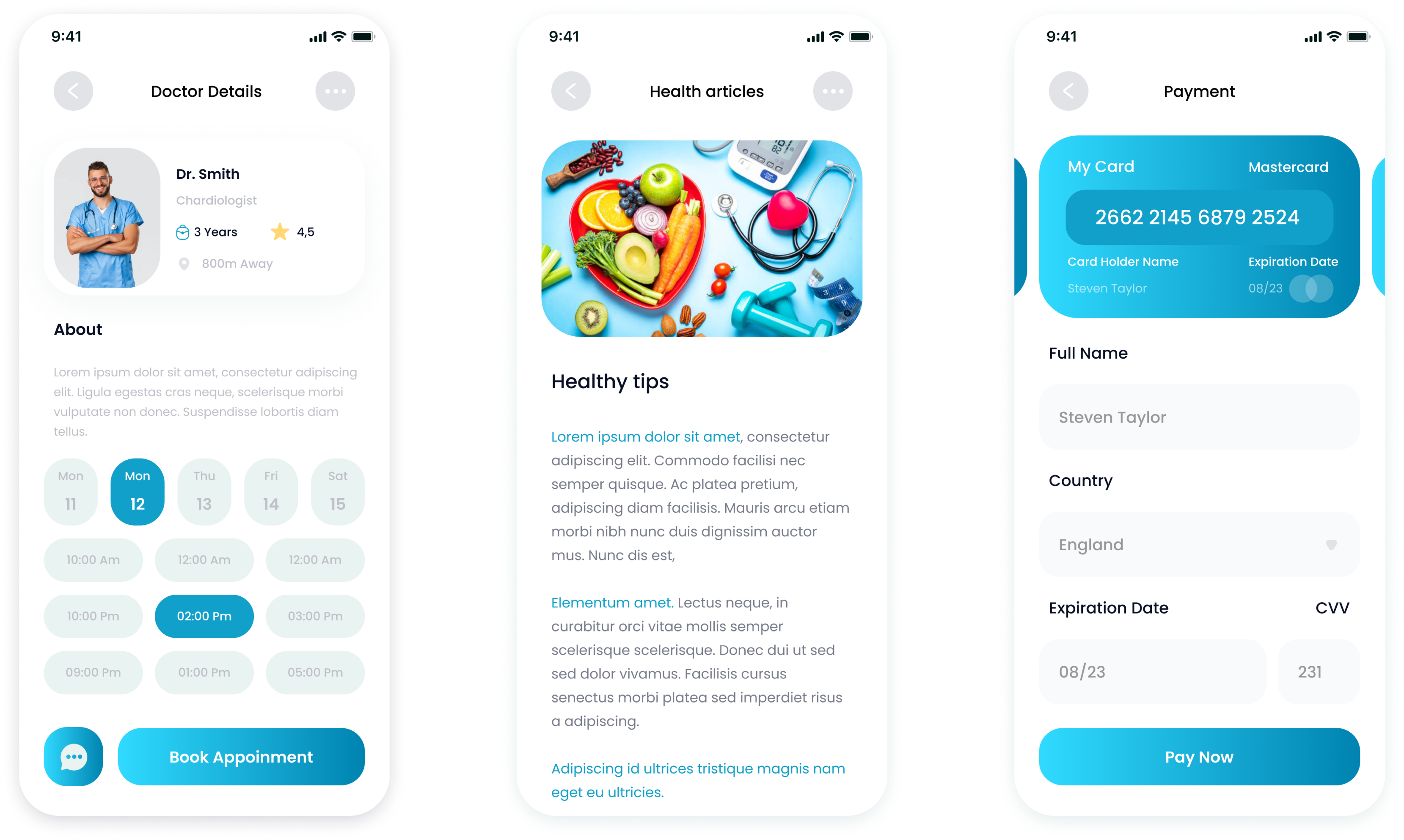 UI screens of E-Doctor app displaying doctor information, health tips, and payment options 