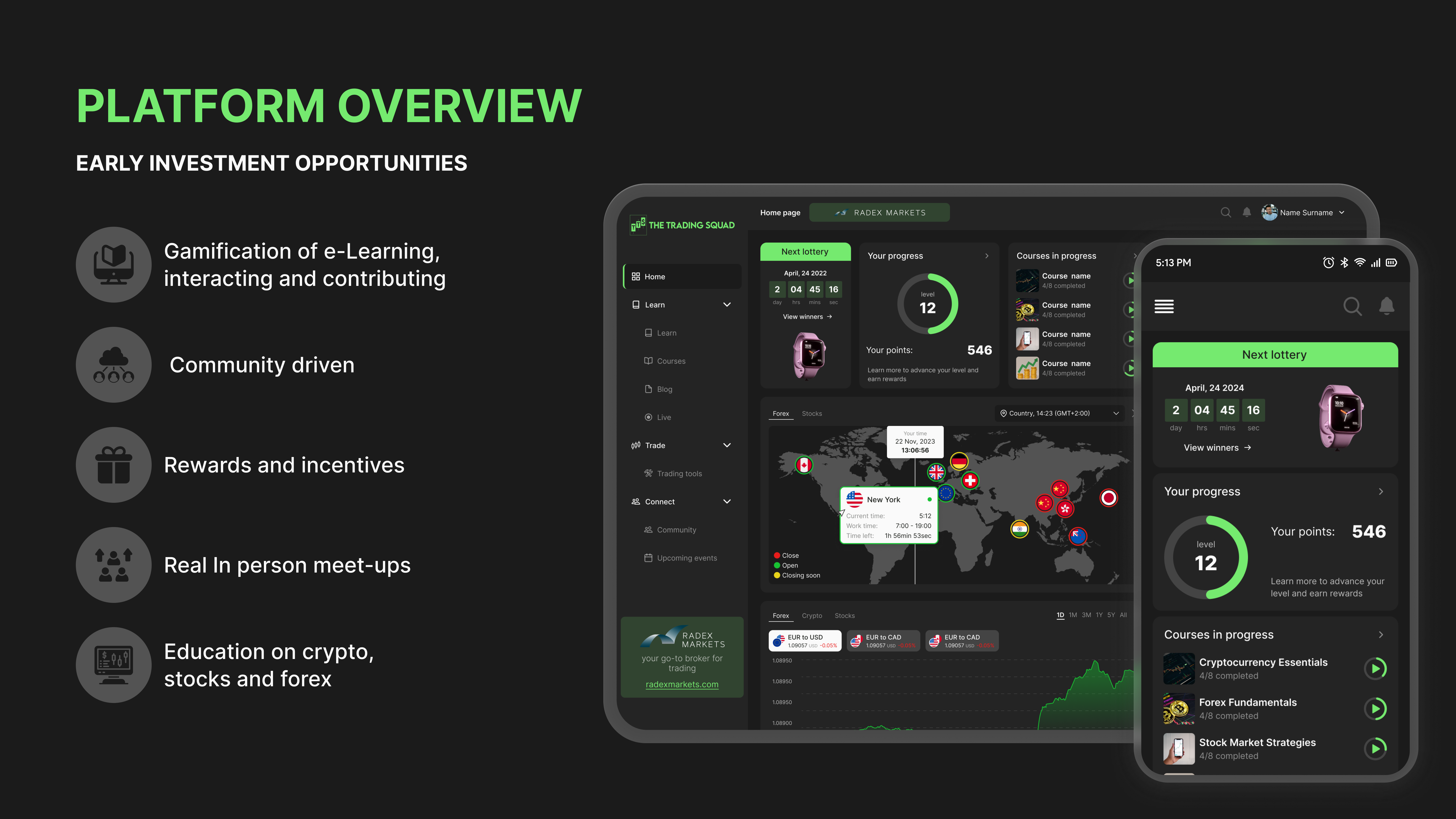 Platform overview slide design in The Trading Squad pitch deck